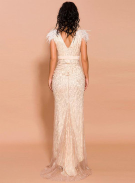 Shop Sexy Gold Long Sexy Split V-Neck Feather Sequin Party Dress Under 100
