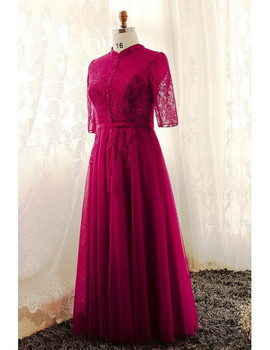 High Neck Lace Long Tulle Plus Size Burgundy Mother Of The Brides Dress