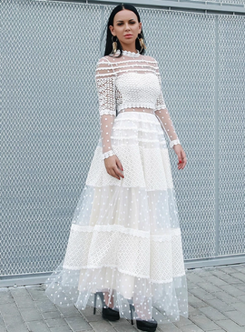 Shop Beautiful White Long Sleeve Lace Mesh Wave Points Half High Neck Dress under 90