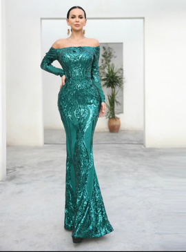 Shop Cheap Long  Green Off The Shoulder Neck Long Sleeve Retro Party Dress under 100