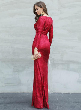 Shop Cheap Red V-Neck Long Sleeve Split Fork Sequins Party Dress under 100