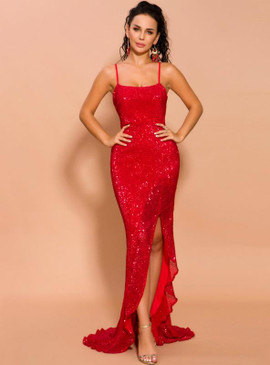 Shop 2020 Spaghetti Straps Sexy Red Sequins Party Dress With Split under 100