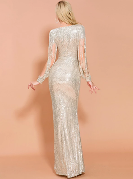 Shop Cheap Champagne Long Sleeve Chest Hollow High Waist Lace Party Dress Under 100