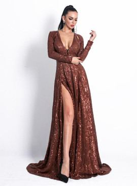 Shop Sexy Brown Long Pleated Split Sequined Sexy Deep V Hollow Evening Dress  Under 100