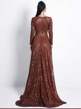 Shop Sexy Brown Long Pleated Split Sequined Sexy Deep V Hollow Evening Dress  Under 100