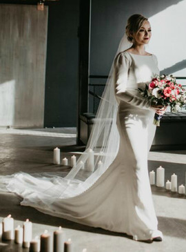 Shop Winter Elegant  Long Sleeve Backless  White Sheath Satin Wedding Dress With Button under 130