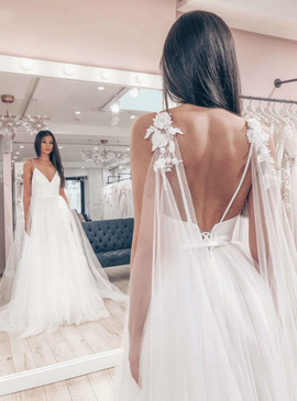 Shop Backless Open Back Spagehtti Straps Appliques A-Line White Tulle Wedding Dress Under 120