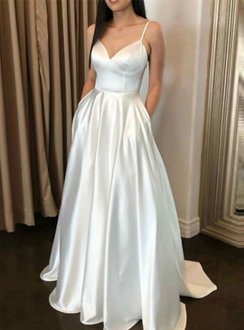 Spaghetti Straps Sleeveless A-Line White Satin Floor Length With Pocket