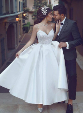 Shop Backless 2020  Satin Spaghetti Straps A-Line White Ankle Length Wedding Dress From Annakoo