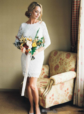 Shop Cheap  2020 Lace 3/4 Sleeve Short Mini Sheath White Wedding Dress Under 100