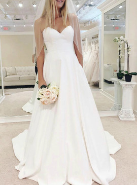 Shop Beautiful 2020 White Satin Sweetheart A-Line Simple Wedding Dress With Pocket under 100