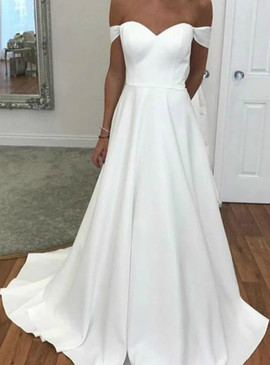 Shop 2020 New Arrival Satin Off the Shoulder A-Line White Long Wedding Dress Under 100
