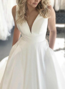 Shop Sexy 2020 Deep V-neck Backless White Satin Wedding Dress With Pocket from Annakoo