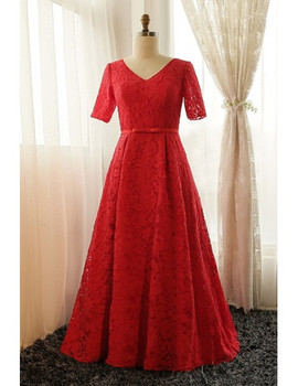 Red Lace V-neck Long Plus Size Short Sleeve Mother Of The Brides Dress