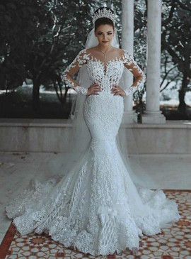 Shop 2020 Cheap Tulle Lace Appliques Long Sleeve White Mermaid Wedding Dress Under 200