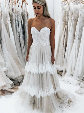 Shop 2020 Romantic Tulle Lace Sweetheart  A-Line Ivory Tiered Wedding Dress Under 200