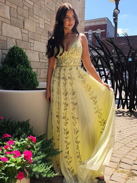 Shop Beautiful 2020 Sequin Appliques Yellow A Line V Neck Long Prom Dress Under 200