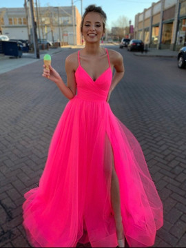 Shop Sexy Fuchsia A Line V Neck Coral Tulle Long Prom Dress with High Split Under 100