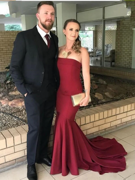 Shop 2020 Satin Sweep Train Strapless Mermaid Burgundy Prom Dress Under 100