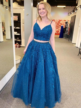 Shop Sexy 2020 V Neck Two Pieces Lace Appliques Sparkly A Line  Blue Prom Dress Under 150