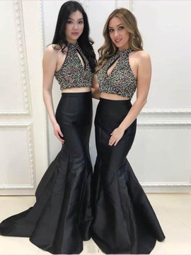 Shop 2020  Halter Neck Sleeveless Black Two Piece Mermaid Sweep Train Prom Dress Under 200