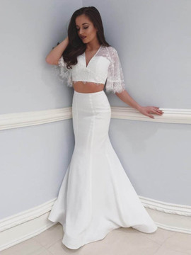 Shop Beautiful 2020 White Floor Length Two Piece V-Neck Prom Dress with Half Sleeve Under 100