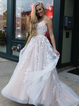 Shop Beautiful 2020 Tulle Appliques Spagehtti Straps A-Line Champagne Prom Dress Under 200