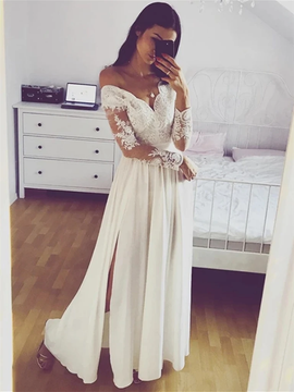 Shop 2020 Lace White A Line Long Sleeves Prom Dress with Split Under 100