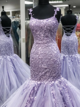 Shop 2020 Romance Lavender Straps Appliques  Mermaid Backless Purple Lace Prom Dress Under 200