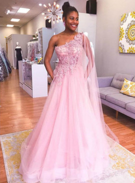 Shop 2020  Appliques One Shoulder A-Line Pink Tulle Long Prom Dress Under 130