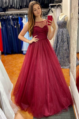 Shop Beautiful 2020 A-Line Red Beading Scoop Long Sheer Tulle Prom Dress Under 150