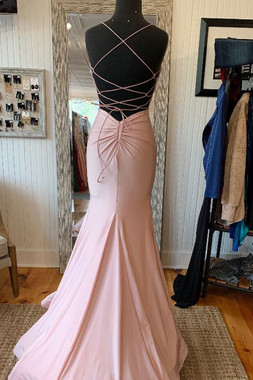 Shop New Arrival 2020 Sexy Mermaid V Neck Lace-Up Back Pink Long Prom Dress Under 100
