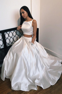 Shop 2020 New Arrival Long Two Piece White Prom Dress with Beaded Pockets Under 100