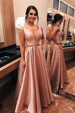 Shop Cheap 2020 Satin V Neck A-Line Beading Blush Pink Prom Dress Under 100