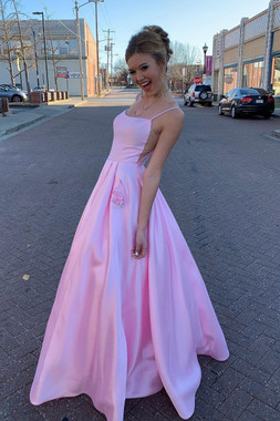 Shop 2020 Straps A-Line Satin Pink Long Prom Dress with Beaded Pockets Under 100