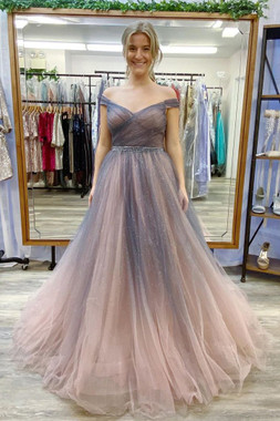 Shop Cheap Beading A-Line Off The Shoulder Tulle Ombre Long Prom Dress Under 150