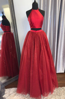 Shop 2020 Cheap Sparkle Lace-Up Back Two Piece Halter Red Long Prom Dress Under 130
