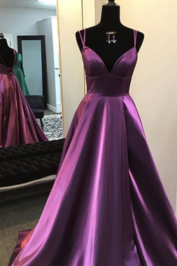 Shop Backless 2020 Dark Purple Satin V Neck Lace-up Back Plum Long Prom Dress Under 100