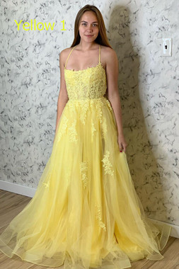 Shop 2020 Cheap Sexy Straps Yellow Long Prom Dress with Lace Appliques  Under 130