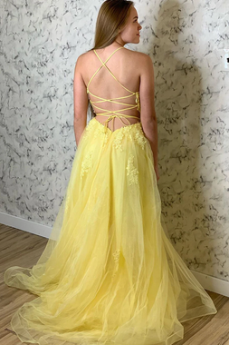 Shop 2020 Cheap Sexy Straps Yellow Long Prom Dress with Lace Appliques  Under 130