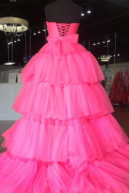 Shop Beautiful 2020 Tulle Strapless Layered Hot Pink Long Prom Dress with Slit Under 130