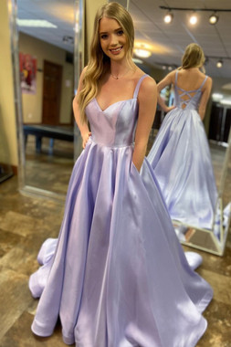 Shop Beautiful 2020 Satin Straps A-Line Lavender Long Prom Dress with Pockets Under 120