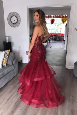Shop Beautiful 2020  Burgundy Tulle Beading Long V Neck Mermaid Prom Dress with Ruffles Under 200