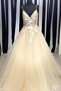 Shop Unique 2020 Long V Neck Straps Champagne Prom Dress with Lace Appliques Under 150