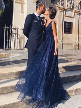 Shop 2020 Sequin A Line V Neck and V Back Navy Blue Long Prom Dresses Under 120