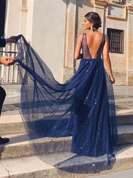 Shop 2020 Sequin A Line V Neck and V Back Navy Blue Long Prom Dresses Under 120