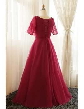 Plus Size Burgundy Long Short Sleeves Mother Of The Brides Dress