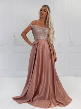 Shop 2020 Satin Off The Shoulder Blush Sweep Train Prom Dresses with Sequins Under 140