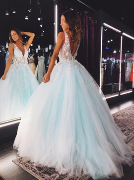 Shop 2020 Mint Tulle Ball Gown V-Neck Blue Backless Prom Dress with Appliques Under 150