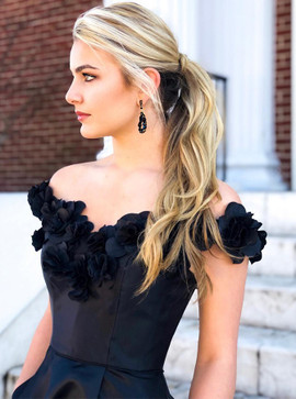 Shop 2020 Off The Shoulder Split Black Satin Prom Dresses with Appliques Pockets Under 100